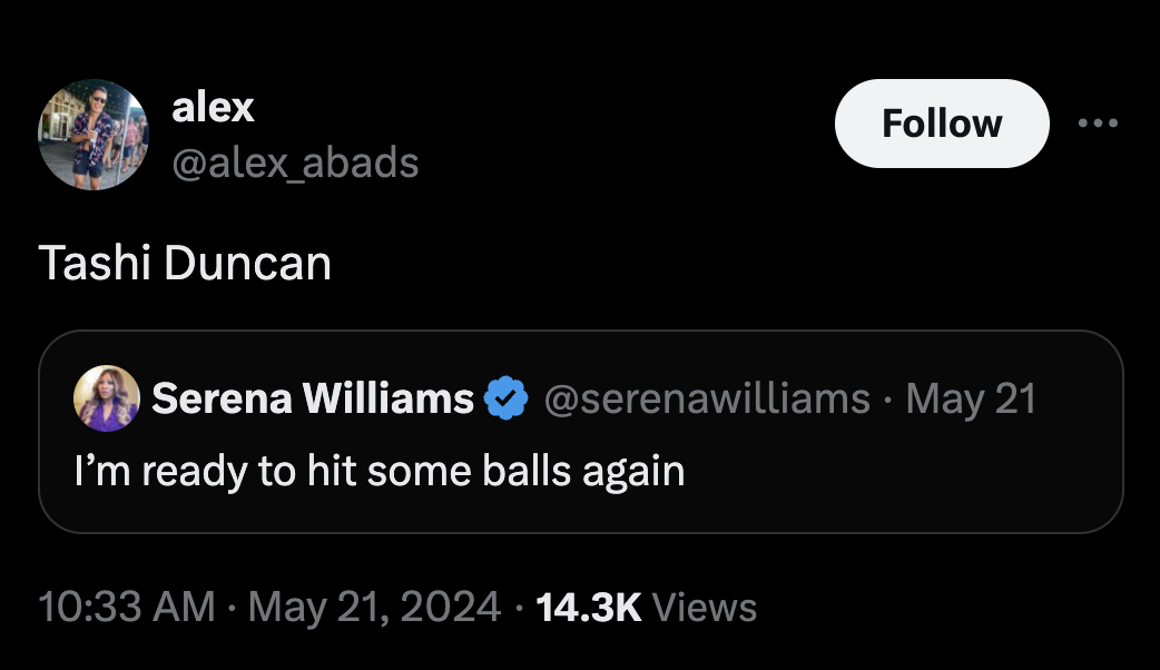 screenshot - alex Tashi Duncan Serena Williams . May 21 I'm ready to hit some balls again Views